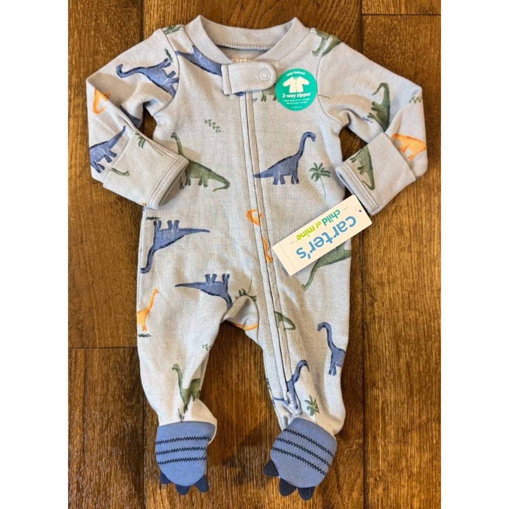 New Carters Baby Sleeper Boy Preemie Dinosaur 2 Way Zip Outfit Romper Dino Feet - Picture 2 of 13